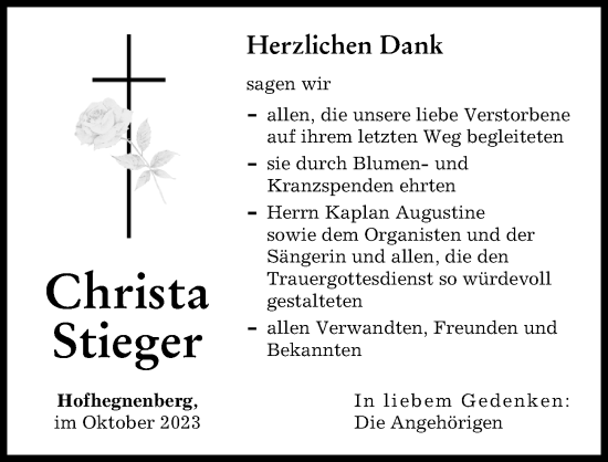 Traueranzeige von Christa Stieger von Friedberger Allgemeine