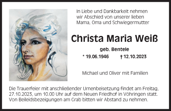 Traueranzeige von Christa Maria Weiß von Illertisser Zeitung