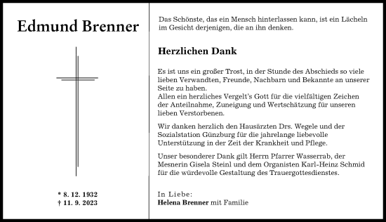 Traueranzeige von Edmund Brenner von Günzburger Zeitung