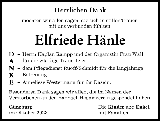 Traueranzeige von Elfriede Hänle von Günzburger Zeitung