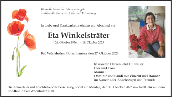 Traueranzeige von Eta Winkelsträter von Mindelheimer Zeitung