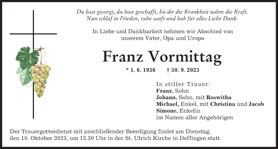 Traueranzeige von Franz Vormittag von Günzburger Zeitung