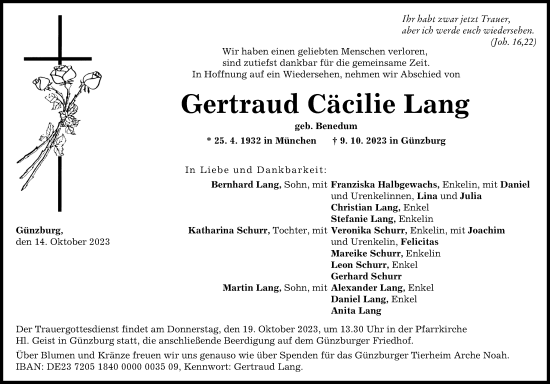Traueranzeige von Gertraud Cäcilie Lang von Günzburger Zeitung