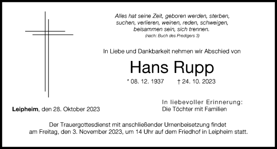 Traueranzeige von Hans Rupp von Günzburger Zeitung