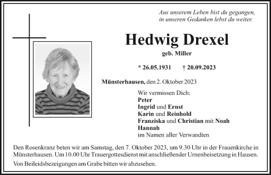 Traueranzeige von Hedwig Drexel von Mittelschwäbische Nachrichten