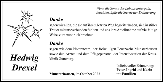 Traueranzeige von Hedwig Drexel von Mittelschwäbische Nachrichten