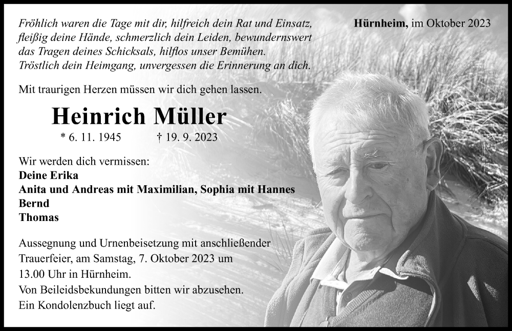  Traueranzeige für Heinrich Müller vom 05.10.2023 aus Rieser Nachrichten