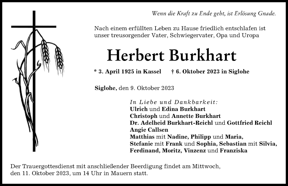  Traueranzeige für Herbert Burkhart vom 09.10.2023 aus Neuburger Rundschau
