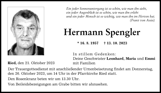 Traueranzeige von Hermann Spengler von Augsburg-Land
