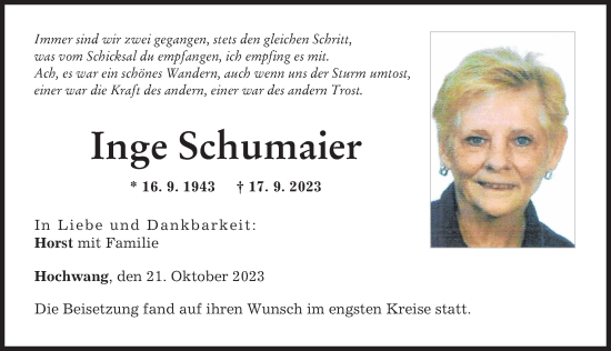 Traueranzeige von Inge Schumaier von Mittelschwäbische Nachrichten, Günzburger Zeitung