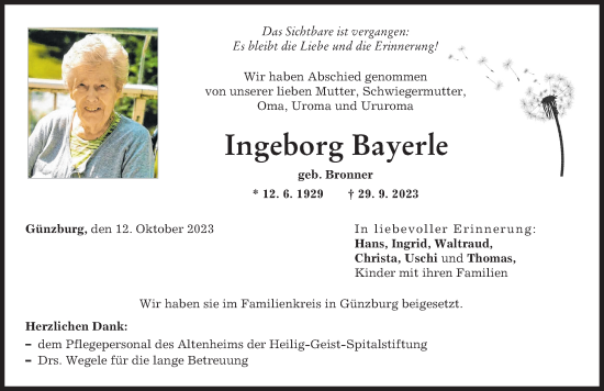 Traueranzeige von Ingeborg Bayerle von Günzburger Zeitung