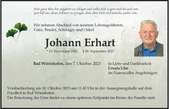 Traueranzeige von Johann Erhart von Mindelheimer Zeitung