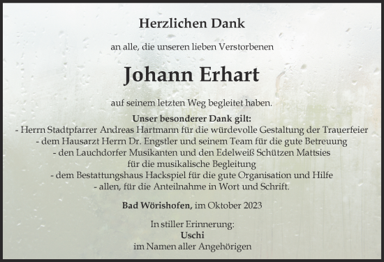 Traueranzeige von Johann Erhart von Mindelheimer Zeitung