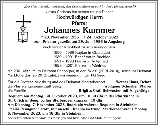 Traueranzeige von Johannes Kummer von Augsburger Allgemeine