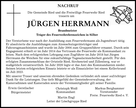 Traueranzeige von Jürgen Herrmann von Friedberger Allgemeine