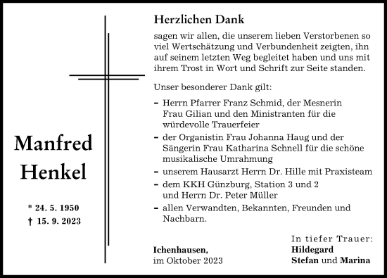 Traueranzeige von Manfred Henkel von Günzburger Zeitung