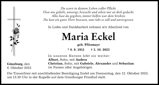 Traueranzeige von Maria Eckel von Günzburger Zeitung