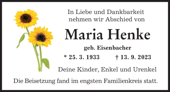 Traueranzeige von Maria Henke von Günzburger Zeitung