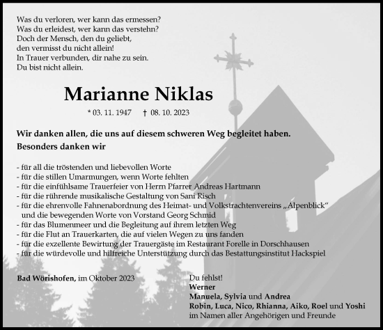 Traueranzeige von Marianne Niklas von Mindelheimer Zeitung