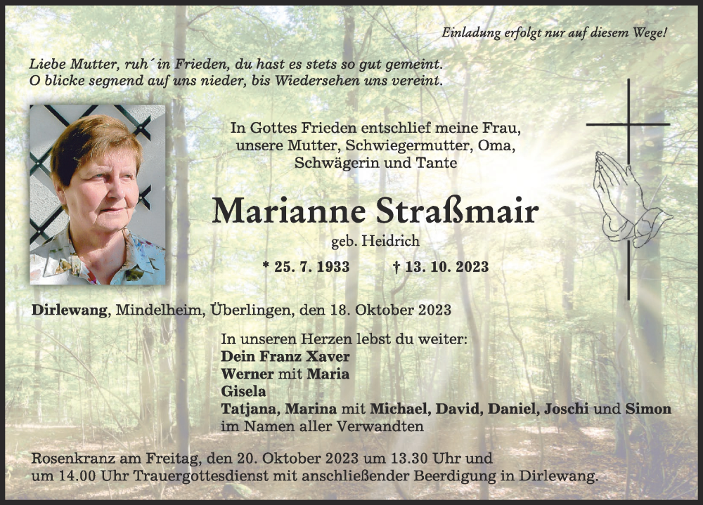  Traueranzeige für Marianne Straßmair vom 18.10.2023 aus Mindelheimer Zeitung