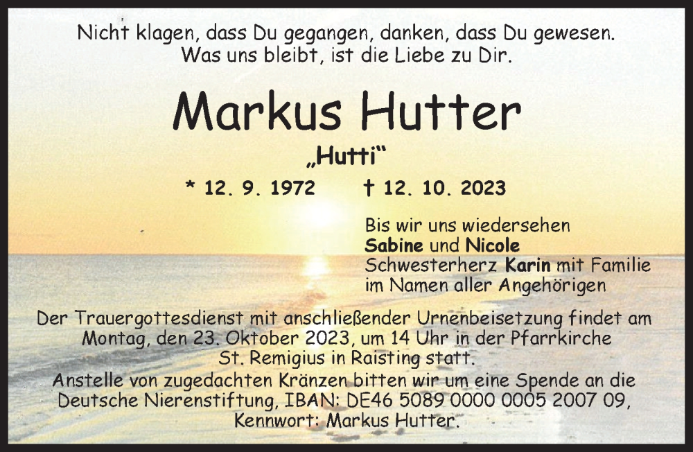  Traueranzeige für Markus Hutter vom 20.10.2023 aus Ammersee Kurier