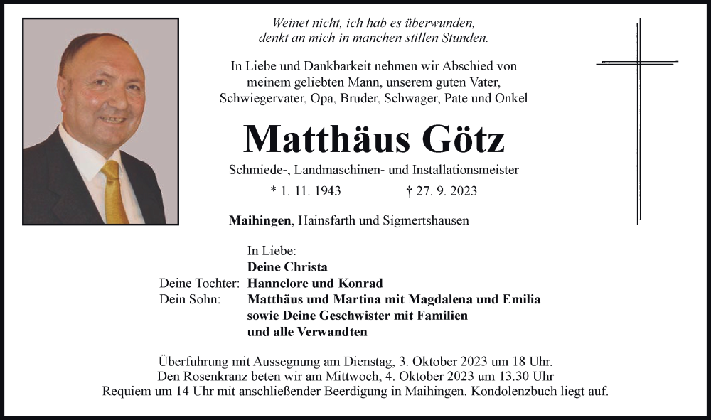  Traueranzeige für Matthäus Götz vom 02.10.2023 aus Rieser Nachrichten