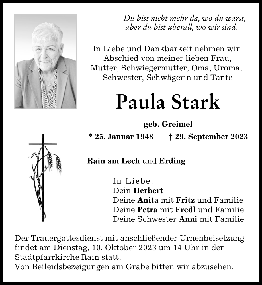  Traueranzeige für Paula Stark vom 07.10.2023 aus Donauwörther Zeitung