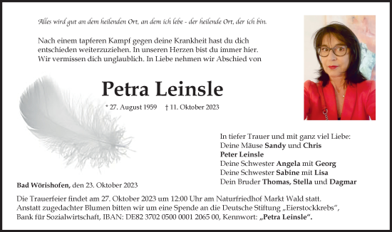 Traueranzeige von Petra Leinsle von Mindelheimer Zeitung