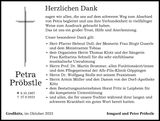 Traueranzeige von Petra Pröbstle von Günzburger Zeitung