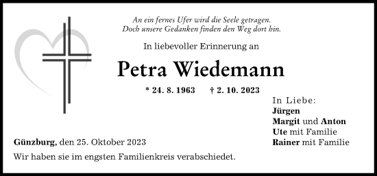 Traueranzeige von Petra Wiedemann von Donau Zeitung, Günzburger Zeitung