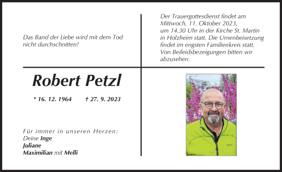 Traueranzeige von Robert Petzl von Donau Zeitung