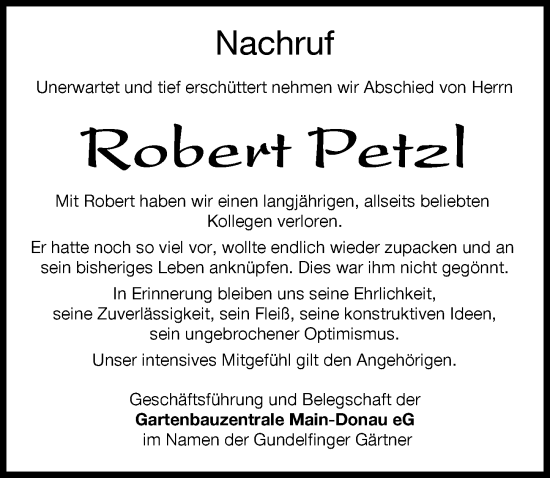 Traueranzeige von Robert Petzl von Donau Zeitung