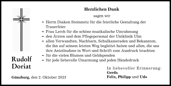 Traueranzeige von Rudolf Doriat von Günzburger Zeitung