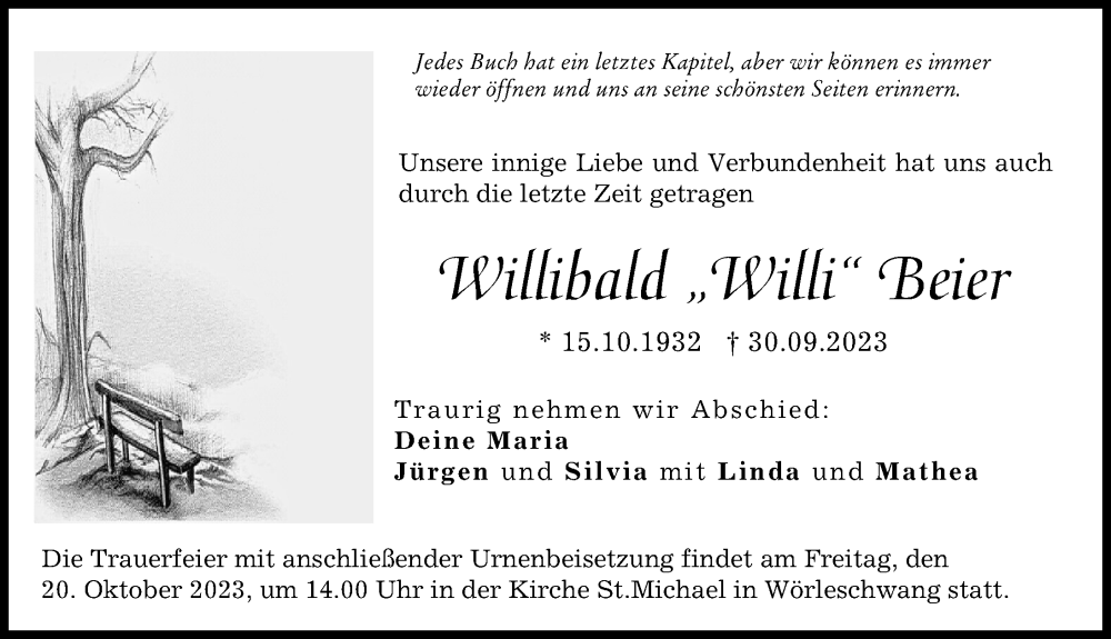  Traueranzeige für Willibald Beier vom 16.10.2023 aus Augsburg-Land
