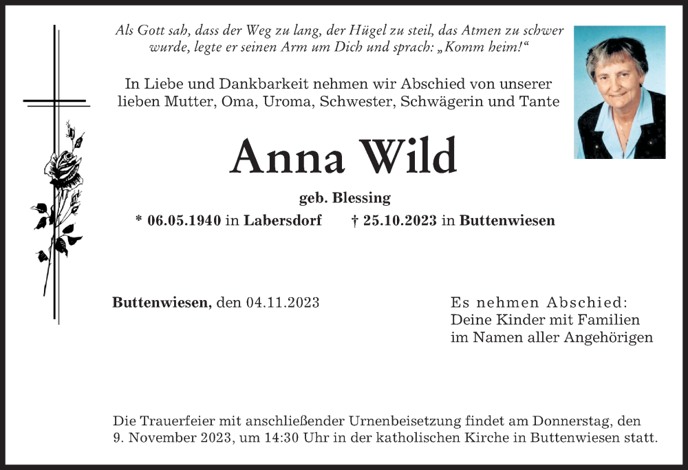  Traueranzeige für Anna Wild vom 04.11.2023 aus Wertinger Zeitung, Donauwörther Zeitung