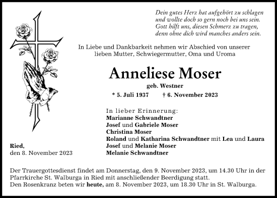 Traueranzeige von Anneliese Moser von Friedberger Allgemeine