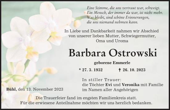 Traueranzeige von Barbara Ostrowski von Günzburger Zeitung