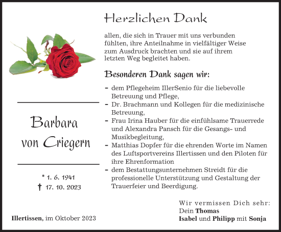 Traueranzeige von Barbara von Criegern von Illertisser Zeitung