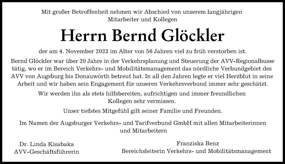  Traueranzeige für Bernd Glöckler vom 11.11.2023 aus Wertinger Zeitung, Augsburg-Land, Donauwörther Zeitung, Aichacher Nachrichten, Augsburger Allgemeine