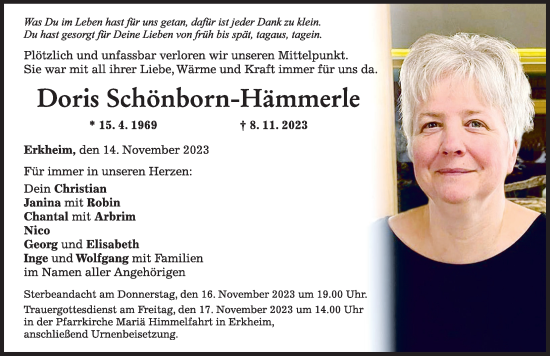 Traueranzeige von Doris Schönborn-Hämmerle von Mittelschwäbische Nachrichten, Augsburger Allgemeine