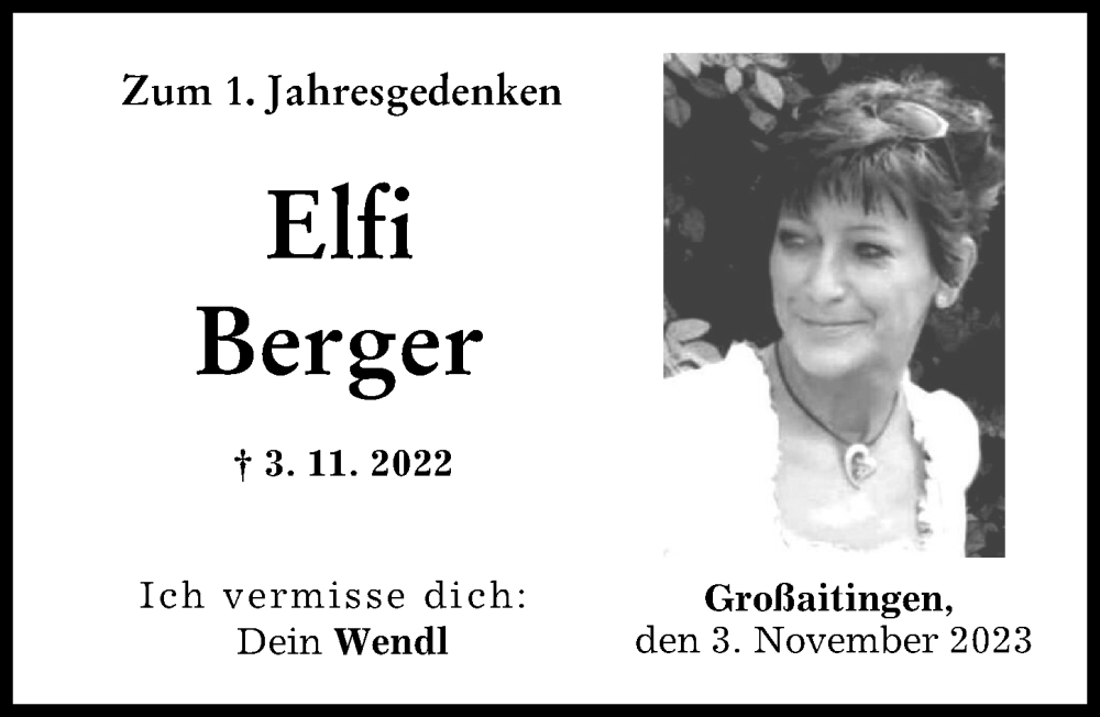  Traueranzeige für Elfi Berger vom 03.11.2023 aus Schwabmünchner Allgemeine