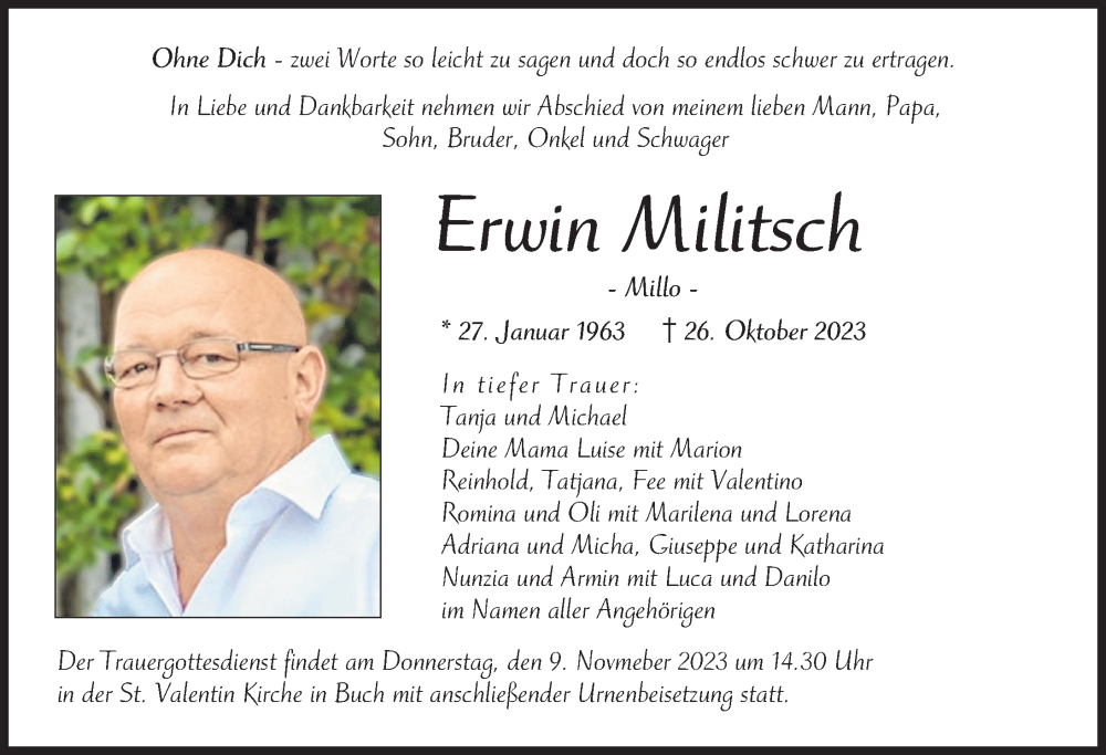  Traueranzeige für Erwin Militsch vom 06.11.2023 aus Illertisser Zeitung