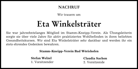 Traueranzeige von Eta Winkelsträter von Mindelheimer Zeitung