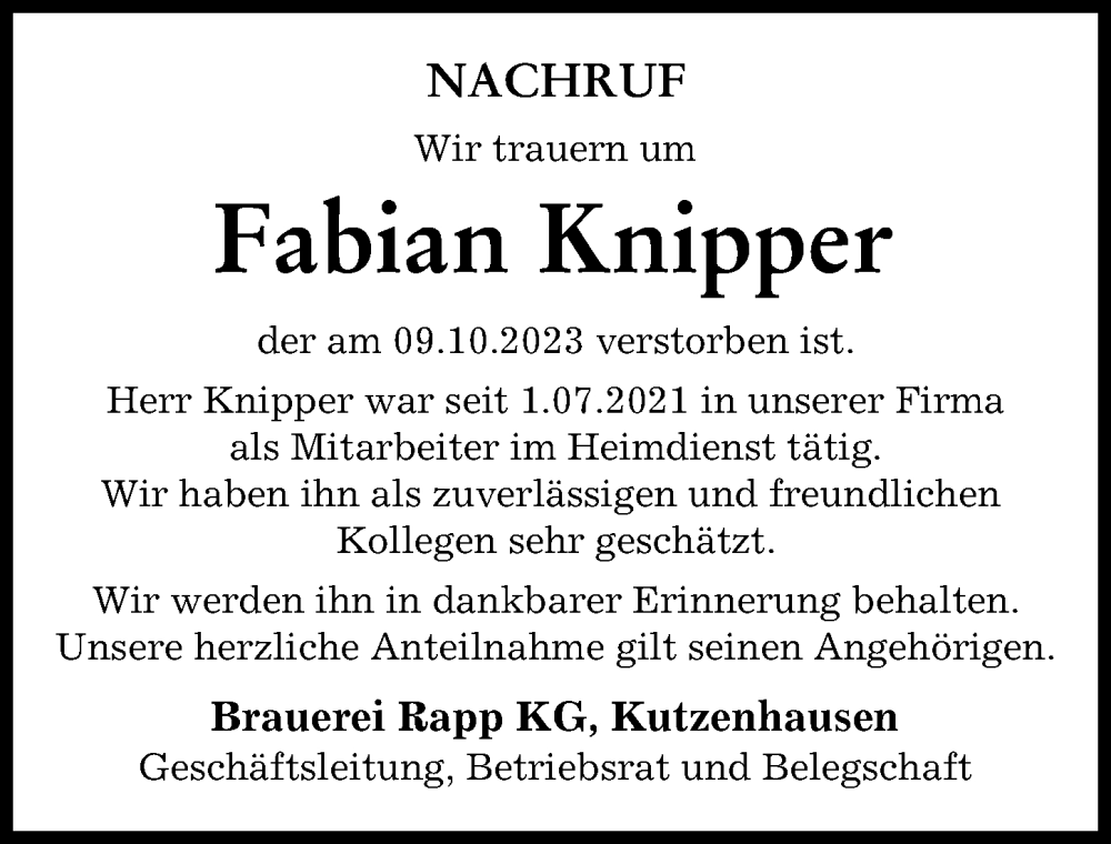  Traueranzeige für Fabian Knipper vom 11.11.2023 aus Augsburg-Land