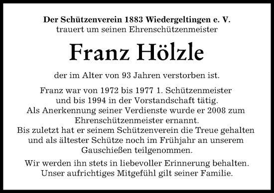 Traueranzeige von Franz Hölzle von Mindelheimer Zeitung
