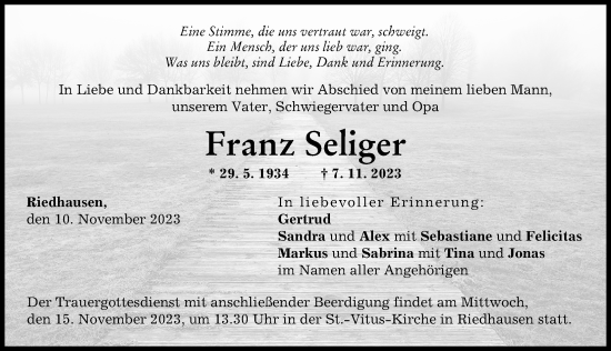 Traueranzeige von Franz Seliger von Günzburger Zeitung
