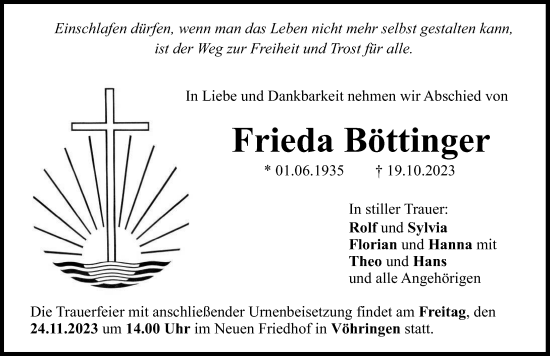 Traueranzeige von Frieda Böttinger von Illertisser Zeitung