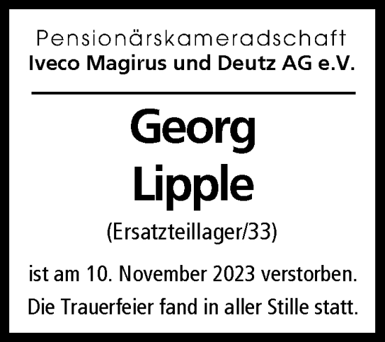 Traueranzeige von Georg Lipple von Illertisser Zeitung, Günzburger Zeitung, Neu-Ulmer Zeitung