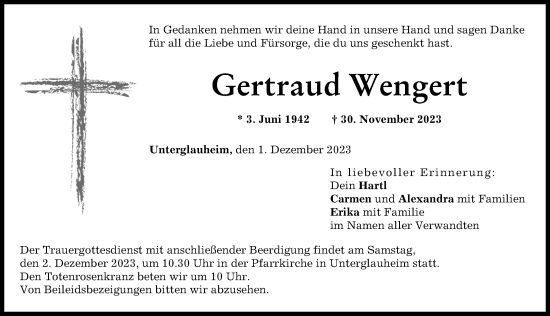 Traueranzeige von Gertraud Wengert von Donau Zeitung
