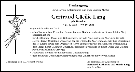 Traueranzeige von Gertraud Cäcilie Lang von Günzburger Zeitung